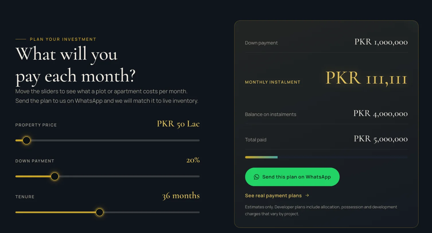 The Zaabta investment calculator: price, down payment and tenure sliders with the monthly instalment